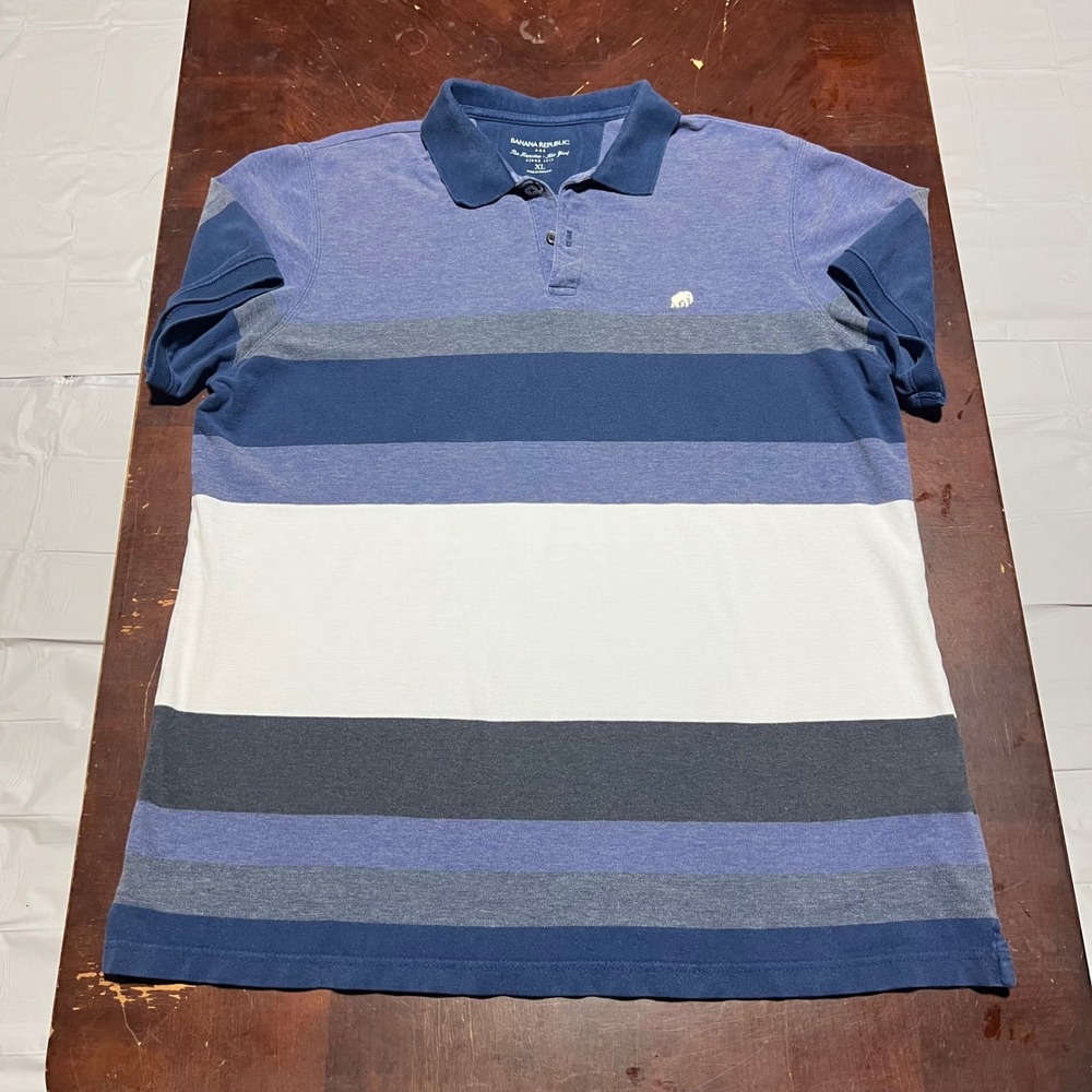 Banana Republic Mens‎ XL Blue Striped Pique Polo Shirt Elephant Logo Cotton